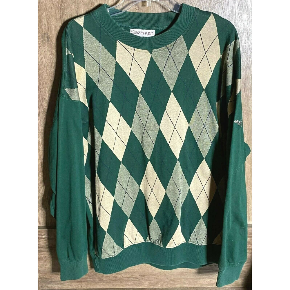 Vintage Slazenger Green Argyle Pullover Crewneck Golf Sweatshirt Large West Lake
